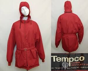 Tempco Down Puffer Jacket Women's M Long Red Belted Vintage Ski Gear #J5791